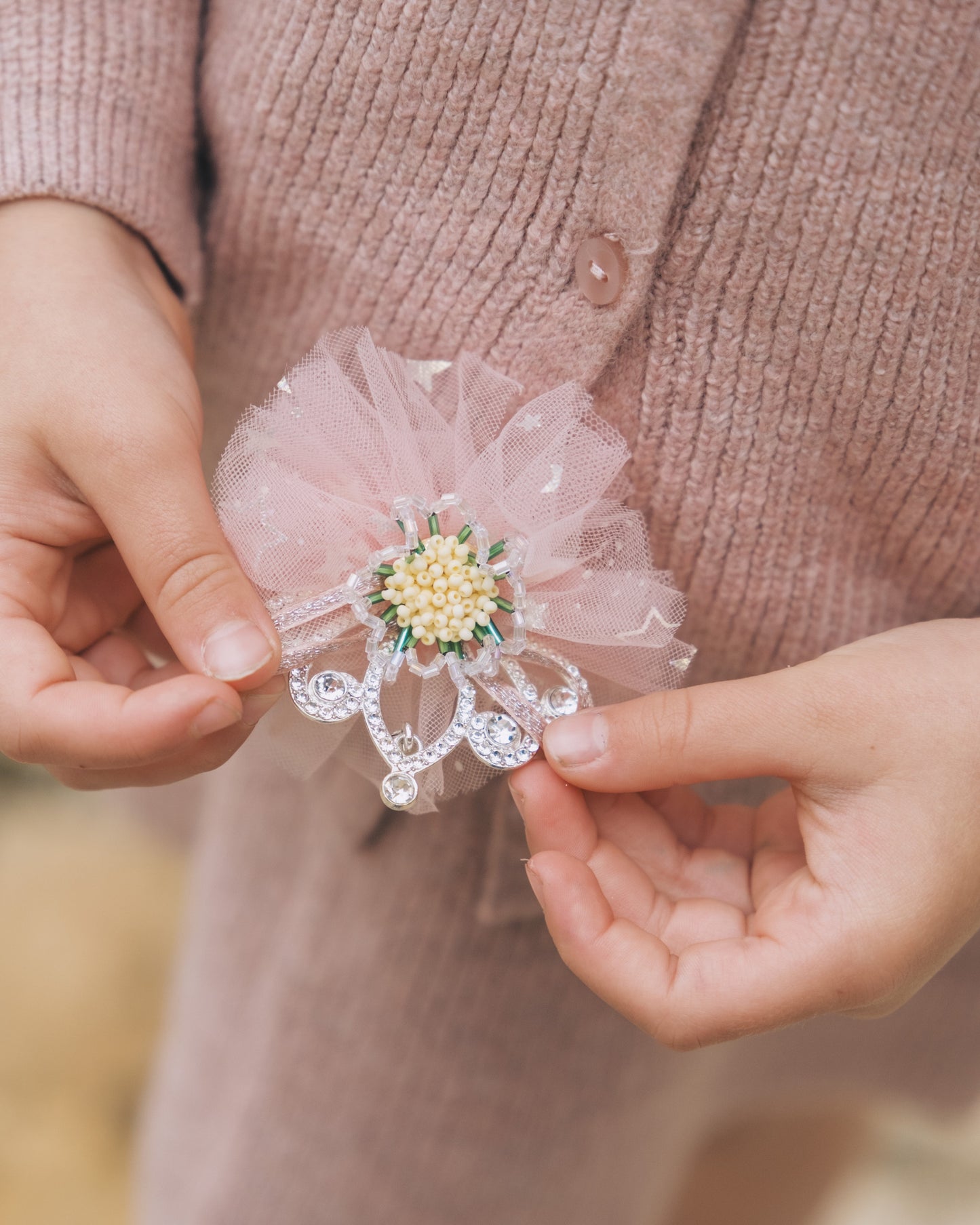 sparkling pink tiara hair clip with crystal crown and soft floral petals