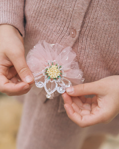 sparkling pink tiara hair clip with crystal crown and soft floral petals